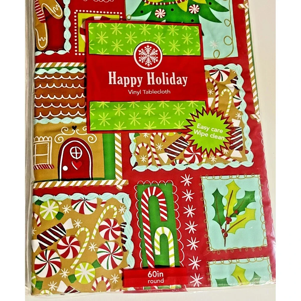 Christmas Holiday Gingerbread House Vinyl Tablecloth Flannel Backed 60
